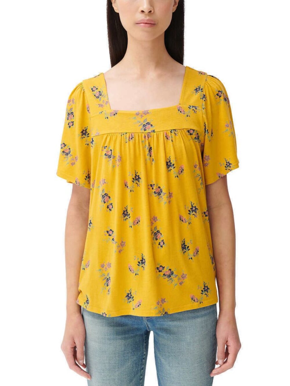 Lucky Brand Women’s Square Neck Floral Short Sleeve Shirt - S Mustard Floral